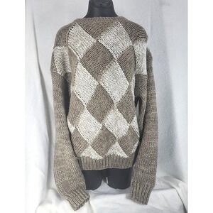 Vintage 80s Forum Sweater Women's Large Chunky Knit Argyle Cozy‎ Coastal Brown